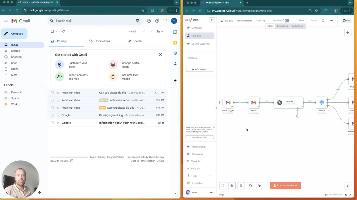 Preview of n8n email labeler